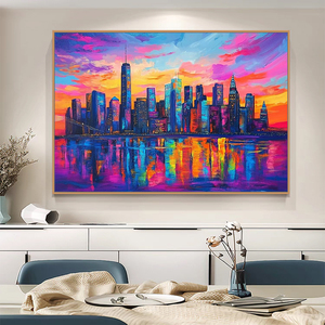 Quadro Paesaggistico Urbano Dipinto a Mano in Stile Art <span class=keywords><strong>D</strong></span>éco: Tramonto Vibrante e <span class=keywords><strong>Riflessi</strong></span> Cittadini su Tela Acrilica per Arredamento Soggiorno - Product Image 3