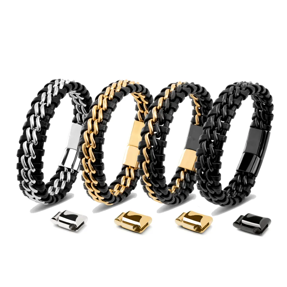 Custom logo stainless steel woven men's leather bracelet Italian charm bracelet