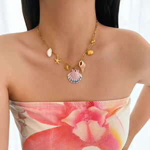 Collar MYNECK SUMMER <span class=keywords><strong>BINIKI</strong></span> JEWELRY con Colgante de Concha Rosa, Chapado en Oro de 18K, Acero Inoxidable, Alta Retención de Color, Estilo Hawaiano - Product Image 4