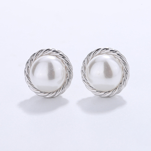 <b>Copper</b> Twisted Rope Round White Pearl Stud Earrings for Women Braided <b>Frame</b> Classic Pearl Jewelry Simple Vintage Daily Gift - Product Image 4
