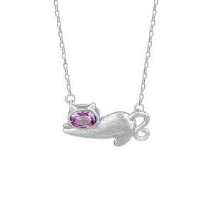 Collar con Colgante de Gato Adorable en Plata de Ley 925, con Incrustaciones de Piedra Natural Ovalada de 4*6mm, Joyería Fina para Chicas - Product Image 1