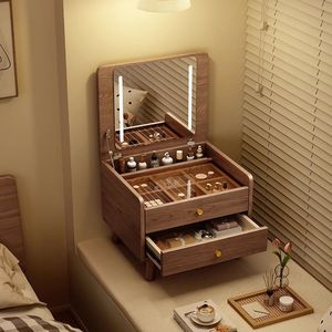 Mini <b>Makeup</b> Table Solid Wood With Drawer Natural Walnut Color Bedroom <b>Vanity</b> Dressing Table For Adults - Product Image 3