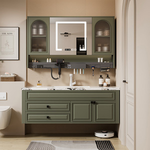 American style Green Bathroom Vanity With LED <b>Mirror</b> Display 60 In MDF Cabinet Ceramic Sink Floor Standing Rectangular Design - Product Image 4