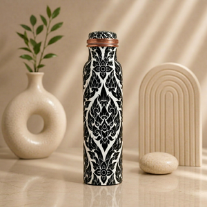 Handmade Black and White Damask Enameled Copper Water <b>Bottle</b> with Copper Cap A perfect <b>blend</b> of traditional craftsmanship - Product Image 1