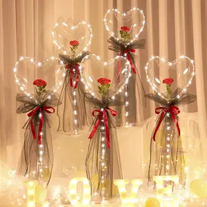 Fashion Rose Bouquet Transparent Ball Valentines Day Gift Birthday Party Wedding Decoration LED Luminous Bobo Balloons