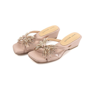 2026 Nude Genuine Leather Slide Sandals Women Square <b>Toe</b> Medium Low Wedge Heel Comfort Outdoor Slippers Elegant Leg Lengthening - Product Image 4