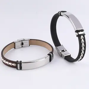 New Simple Adjustable High Finish Custom Engrave Stainless Steel Anchor Blank Pu Leather Woven Bracelet Men Women