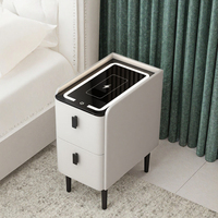 Table de chevet moderne multifonctionnelle en bois massif avec plateau en verre, charge sans fil, éclairage LED, 2 tiroirs pour appartement et chambre à coucher