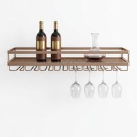 Étagère à vin suspendue en acier inoxydable bronze, 3 niveaux, étagère murale pour bar, étagère à vin suspendue pour bar à domicile avec étagère en bois
