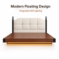 Lit flottant moderne carré capitonné en velours avec bande lumineuse LED chaude, cadre en bois massif naturel, lit de luxe taille Queen