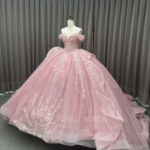 Robe de bal en mousseline de soie rose à volants, avec appliques en dentelle et perles, traîne chapelle, longueur au sol, robe de princesse pour Quinceañera, soirée formelle - Product Image 4