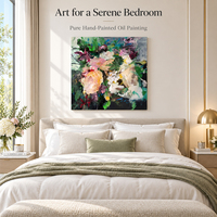 Peinture florale impressionniste d'hôtel, nature morte, pêches, roses, fleurs roses et blanches, toile verte foncée, art mural