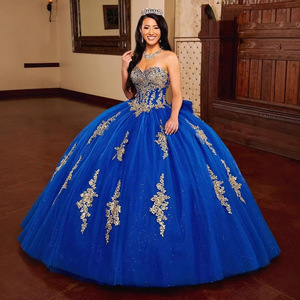 Gold Lace Applique Strapless Tulle Ball Gown Natural Waistline Floral Print Prom Dress Adult - Product Image 1