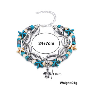 Chevillères de plage bohèmes double couche avec chaîne en coquillages cauris argentés, étoiles de mer turquoise et tortues marines, bijoux de pied pour les vacances - Product Image 4