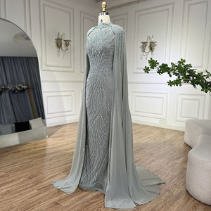 Verde salvia per la collina serena LA72413A elegante collo alto da donna con sirena di Design con perline mantello lungo lungo fino al pavimento sera festa naturale - Product Image 3
