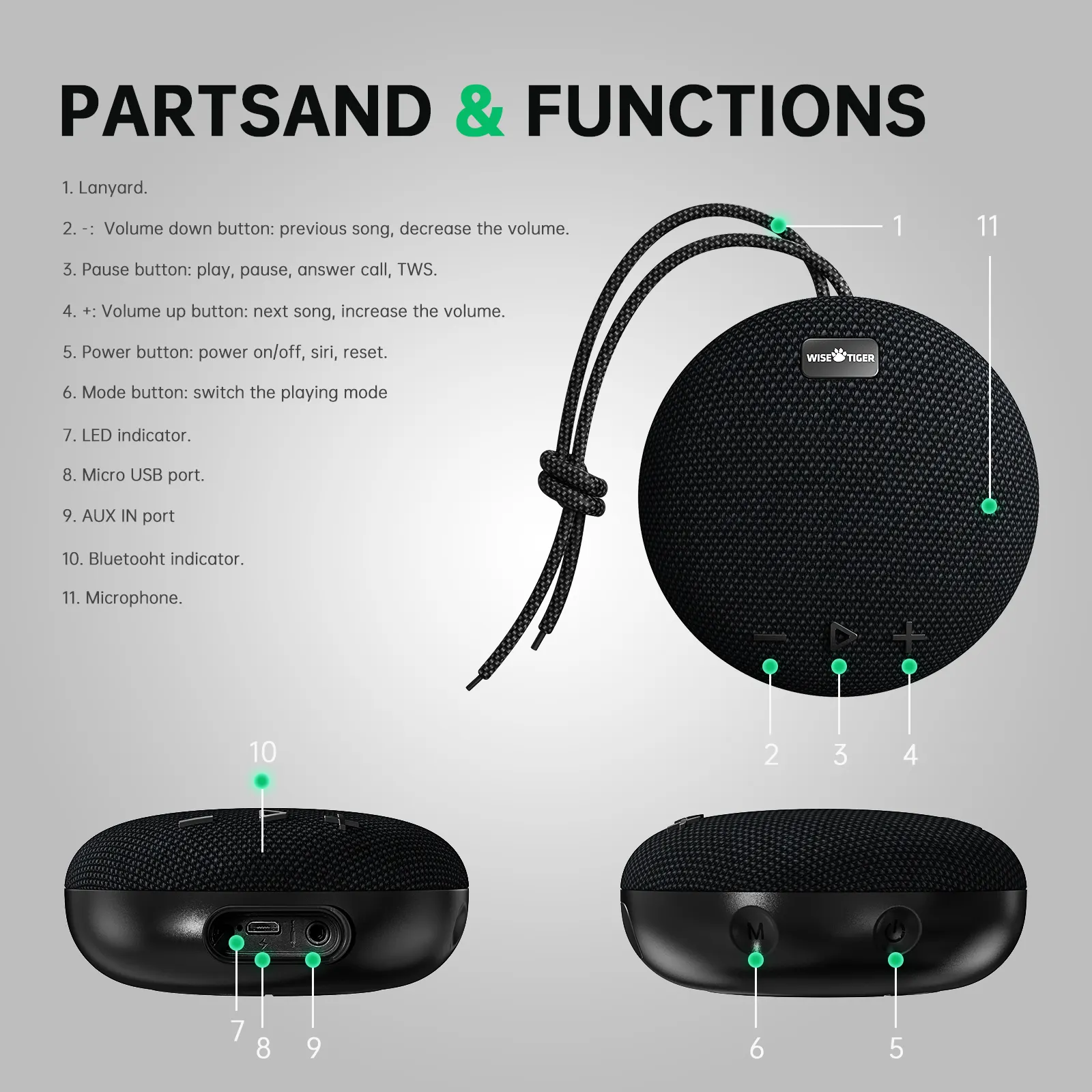 WISETIGER Speaker Bluetooth luar ruangan, pengeras suara portabel olahraga kotak suara IPX7 tahan air Stereo nirkabel Bluetooth Surround BT5.0 Speaker dengan Bass