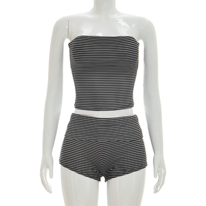 Viviblook D26ST116 Women Summer <b>Set</b> Sexy Striped Strapless Sleeveless Crop Top High Waisted Folded Waist Shorts Two Pieces <b>Set</b> - Product Image 2