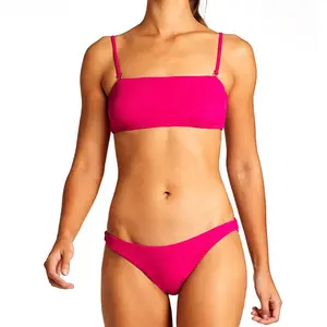 Toptan yüksek kalite saf renk pembe kırmızı parlak mayolar kız ribana kumaş mayo Bikini ayarlanabilir bağları