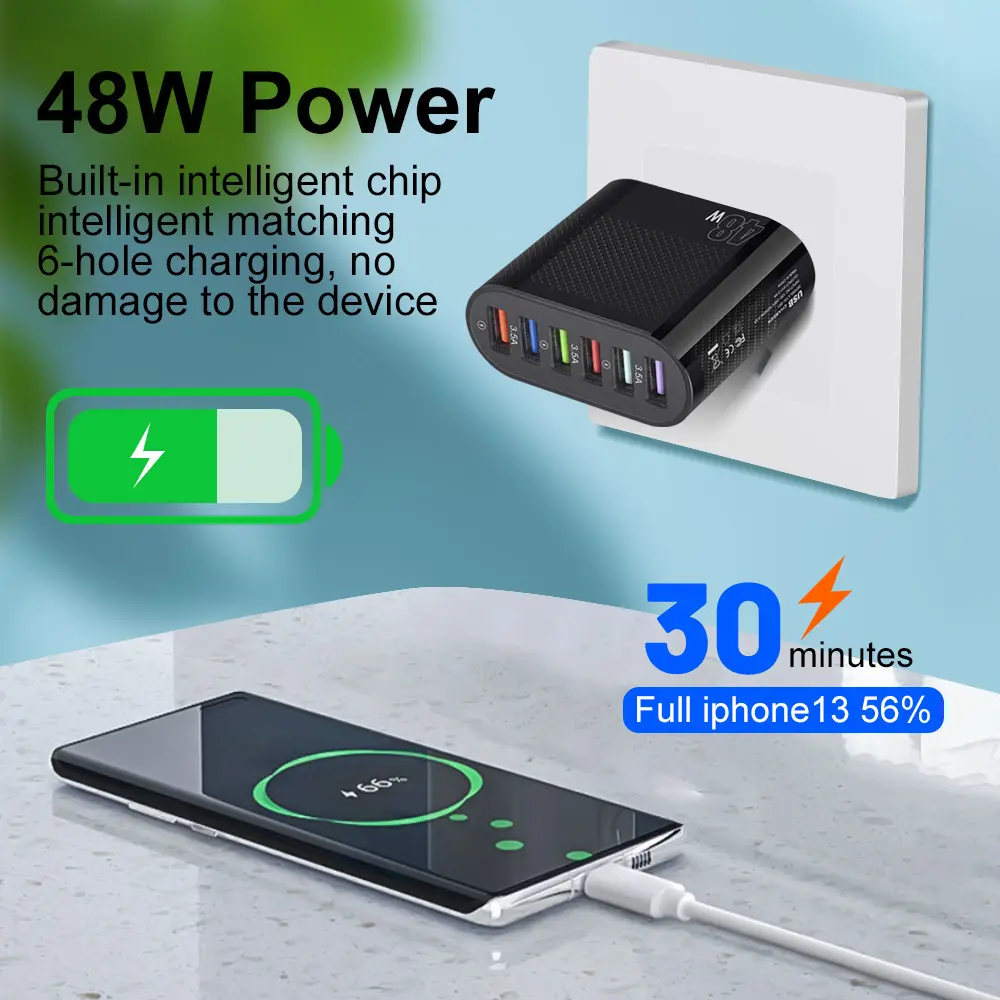 Bộ sạc di động 6 cổng USB QC3.0 du lịch Adapter Sạc nhanh Power Adapter EU/US/UK cắm di động sạc điện thoại di động