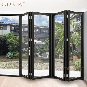 Porta de vidro Lowe Bi dobrável para uso comercial por atacado, porta de vidro de alumínio longa e transparente com desenho gráfico moderno