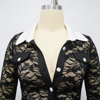 Huili fabricant personnalisé floral maille transparente revers noir col en V body 2025 femmes tenue ensembles à manches longues dentelle vêtements de détente