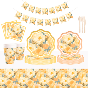 DAMAI Yellow Flower Hot Stamping Birthday <b>Party</b> Supplies Birthday Decorations Paper Plates Banner Disposable Tableware <b>Set</b> - Product Image 2
