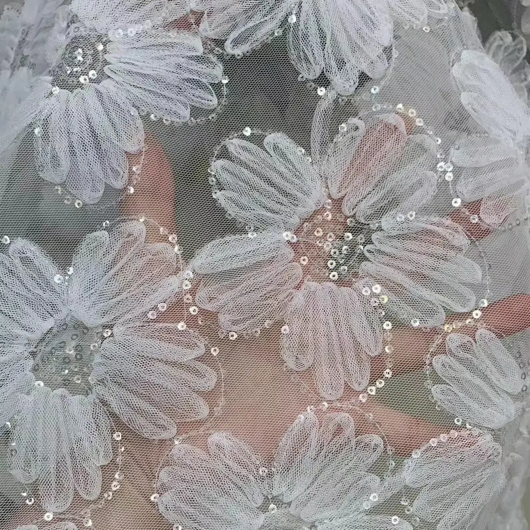 Width 150 cm Polyester sequins Embroidery organza 3 d Mesh French Fabric flowers tulle Lace Fabric for wedding Dress