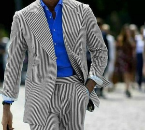 Completo Casual da <span class=keywords><strong>Uomo</strong></span> in Puro Cotone Morbido a Righe Seersucker, Abito Formale da Matrimonio, Smoking <span class=keywords><strong>Doppiopetto</strong></span>, <span class=keywords><strong>Blazer</strong></span> per Feste, 2 Pezzi - Product Image 3