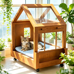 Wooden Indoor Pet House with Wheels - Product Image 1
