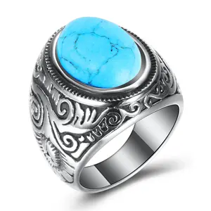 Pava Roestvrij Staal Gegraveerd Geometrische Patroon Edelsteen Ring Punk Stijl Turquoise Ring Ovale Grote Stenen Ring