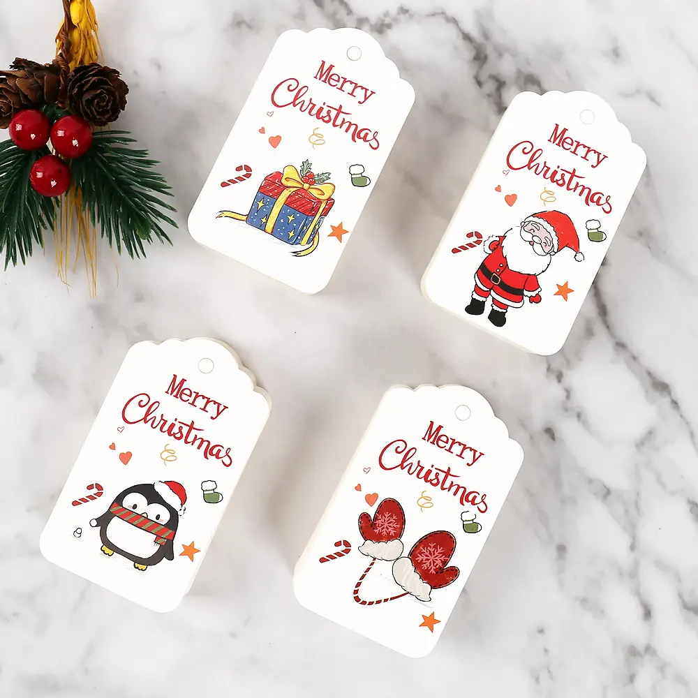Amazon hediye kartı askılı etiketler kaplamalı kağıt 100 adet karikatür etiket baskısı Diy Merry Christmas etiketleri dekorasyon için