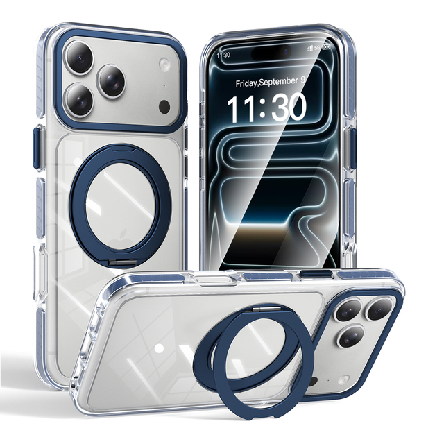360 Degree Rotating Ring Stand Phone Case Clear Magnetic Shockproof Cover with Metal Camera Protection for iPhone 17 16 Pro Max