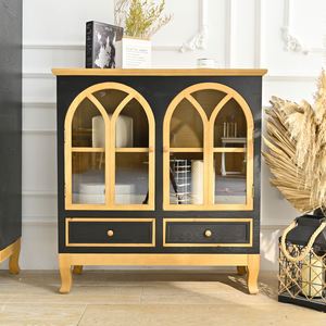 Armoire en bois massif avec porte en verre cintrée, design français moderne, accent pour la maison, salle à manger, salon, 2 tiroirs de rangement, durable - Product Image 1