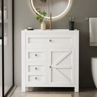 Meuble-lavabo autoportant blanc Shaker, démontable (RTA), direct usine, sans vasque, avec porte coulissante X Barn et 4 tiroirs