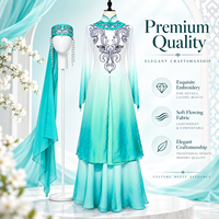 Costume de danse folklorique ethnique moderne professionnel, robe de scène bleu-vert dégradé avec broderie et ensemble de manches transparentes