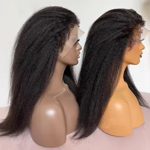 Nouveau 4C Texturé Hairline Perruques Bouclés Bébé Cheveux Bords Naturels HD Dentelle Frontale Sans Colle Perruques Kinky Yaki Droite Perruques de Cheveux Humains