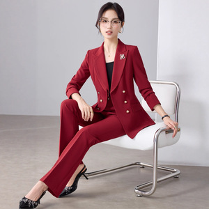 Women's Navy Blue Suit <b>Set</b> Double Breasted <b>Blazer</b> Pants Office Lady Formal Work Attire Autumn Anti-Wrinkle Polyester Full Sleeve - Product Image 2