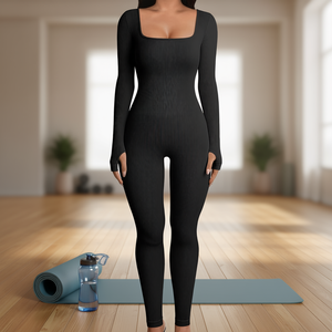 Elevate Women Ribbed Long Sleeve Yoga Jumpsuit Full Length <b>Square</b> <b>Neck</b> Sport <b>Bodysuit</b> For Workout Fitness Wear Solid Color - Product Image 2