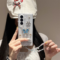 Coque de téléphone papillon chic et luxueuse bleu brillant avec strass pour Samsung Galaxy Z Fold 7, étui avec sangle à perles de cristal pour Z Flip 7-3
