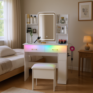 Moderno tocador blanco con iluminación LED RGB, cajones de almacenamiento y silla para maquillaje en el dormitorio. - Product Image 2