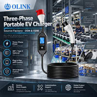 Chargeur EV portable OLINK 11 kW 22 kW 16 A 32 A 3 phases GBT Type 2 avec écran LED de 2,8 pouces pour la recharge à domicile