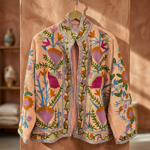 Veste pour femme de style Prairie chic d'automne, en velours floral brodé à la main, respirante, col mandarin, manches longues, de qualité supérieure - Product Image 1