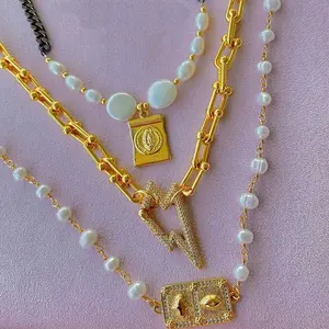 BD-E2098 Gold plated paper clip chain necklace natural fresh water pearl beads clasp necklace virgin mary charm pendant