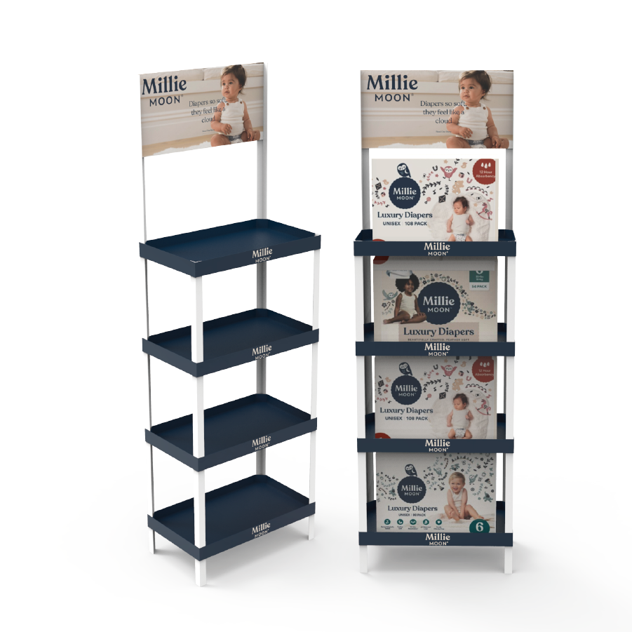 Durable PVC Panel Baby Diaper Display Stand with Shelves for Maternity Shops and Grocery Stores