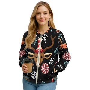 Blouson Bomber Zippé Femme Tricoté Imprimé Personnalisé (POD) Hiver/Printemps Décontracté Noël <span class=keywords><strong>Renne</strong></span> Canne à Sucre Sans MOQ Fêtes - Product Image 2