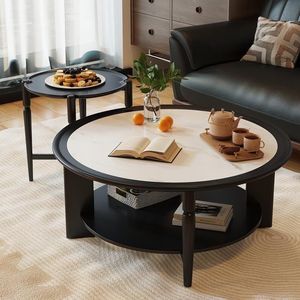 Vintage Style Round <b>Coffee</b> <b>Table</b> <b>Set</b> <b>Marble</b> Top Solid Wood Living Room Furniture With Storage Shelf For Small Apartment - Product Image 2