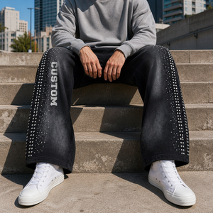 Fabricants de pantalons personnalisés pour hommes, mode, molleton épais noir délavé avec strass, pantalons de survêtement oversize - Product Image 1