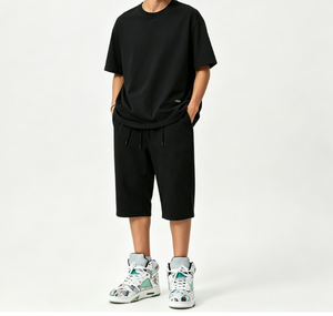 Shorts amples noirs pour hommes, longueur genou, avec double cordon de serrage, coupe ample, personnalisables, vente en gros - Product Image 3