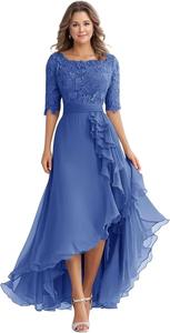 Robes <span class=keywords><strong>de</strong></span> soirée formelles en mousseline <span class=keywords><strong>de</strong></span> soie à manches mi-longues avec appliques en dentelle, longueur thé, <span class=keywords><strong>pour</strong></span> invitées <span class=keywords><strong>de</strong></span> mariage et mères <span class=keywords><strong>de</strong></span> <span class=keywords><strong>la</strong></span> mariée - Product Image 6