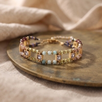 Bracelet tendance fait main en perles de pierres naturelles colorées, double couche, avec breloque en zircon cubique violet, style bohème, multicolore